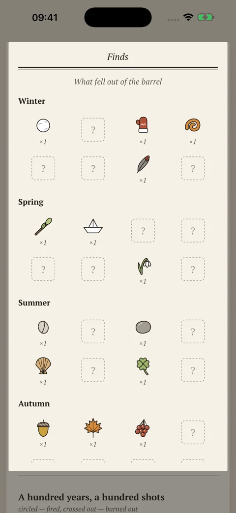 The finds album showing collected and undiscovered seasonal objects